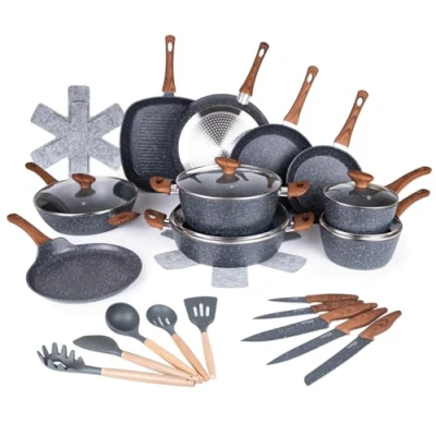 Image of Pots and Pans Set Non Stick Induction Hob Pot Sets 35pcs Kitchen Cookware &amp; Knife Marble Cooking with Lids Saucepans Frying by Nuovva
