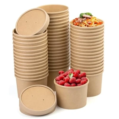 Image of BUOKKON 12 oz 50 Pack Paper Cups, Brown Kraft Soup Disposable Cups Containers with Vented Lids, Bowls Takeaway Tubs for Ice Cream Dessert