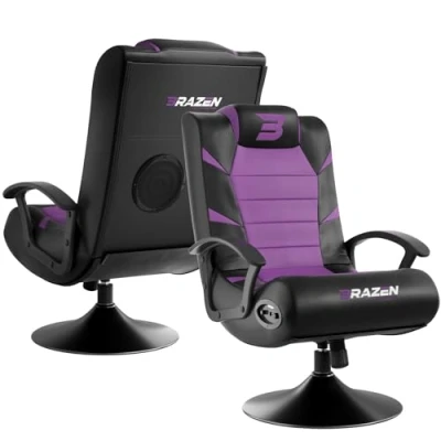 Image of BraZen Pride Video Gaming Chairs for Kids Games Seat with Two Audio Speakers Subwoofer Bluetooth Compatible Small Junior Foldable Rocker British Purple
