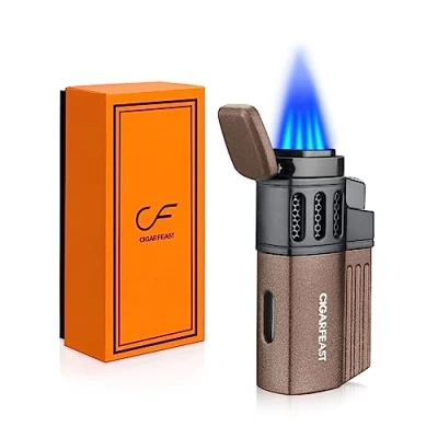 Image of 4 Jet Flame Cigar Torch Lighters with Punch Butane Refillable Lighter Windproof for Men Without Gas (Coffee)