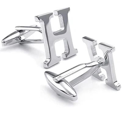 Image of HONEY BEAR Mens Initial Alphabet Letter Silver White Steel Wedding Formal Business Cufflinks (H)