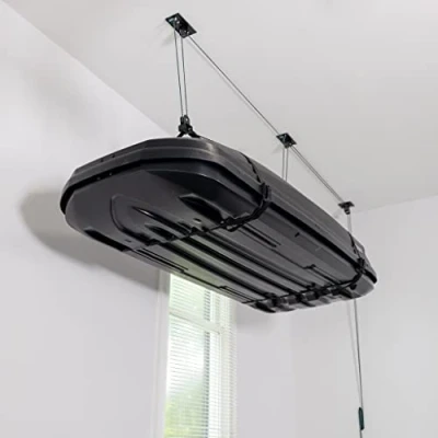 Image of Teal Triangle Elite Cargo Box Storage, Garage Pulley System &amp; Ceiling Hoist, Holds 150 lbs
