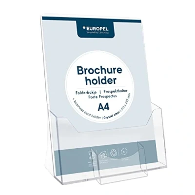 Image of EUROPEL Leaflet &amp; Brochure Holder With Business Card Compartment For A4 Size Literature, Crystal Clear Acrylic Construction, Booklet, Flyer Menu Display Dispenser, Portrait
