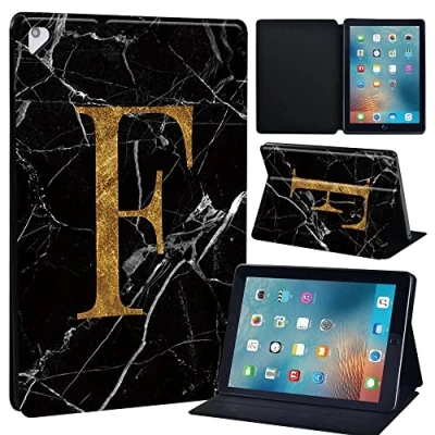 Image of Initial Letter Leather slim lightweight Stand Cover Case for Apple New iPad 9.7 2018 2017(6th Gen, 5th Gen)/iPad Air 2/iPad Air/iPad Pro Tablet with Auto Wake/Sleep (blackmarbleF)