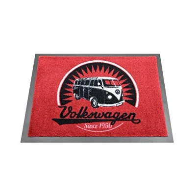 Image of BRISA VW Collection Volkswagen Foot Mat Doormat Rug Shoe Dirt Trapper with T1 Bus Campervan Motif (Vintage Logo/Red)