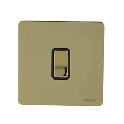 Image of Schneider Electric Ultimate Screwless Flat Plate Single Retractive 2 Way Light Switch, 16AX, GU1412RBPB, Polished Brass with Black Insert