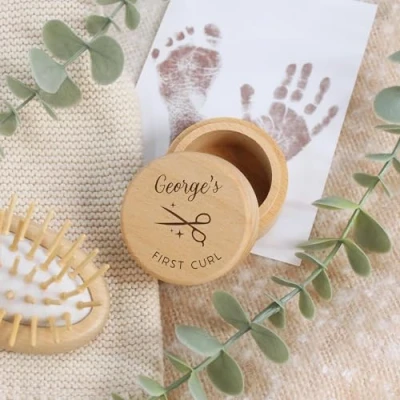 Image of eBuyGB Personalised First Curl Box, Baby’s Gift, New Baby, Christening Baby Shower, Wooden Engraved Trinket Haircut (First Only)
