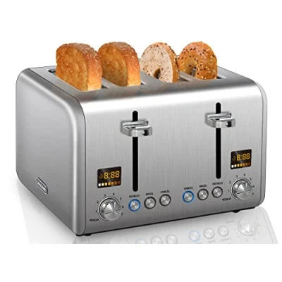 Image of SEEDEEM 4 Slice Toaster, Stainless Steel Bread Toaster with 2 LCD Display, 7 Shade Settings, 1.4&#039;&#039; Extra Wide Slots Bagel Cancel/Bagel/Defrost/Reheat Functions,Silver Metallic
