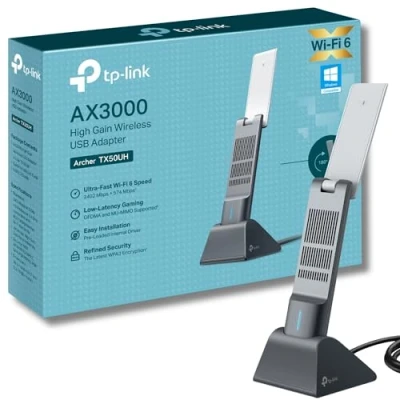 Image of TP Link AX3000 Wi Fi 6 High Gain Wireless USB 3.0 Adapter, Dual Band, Auto Driver, MU MIMO, Low Latency, 1.2m Cable, Supports Windows 10/11, Highly Secure WPA3 (Archer TX50UH), Black