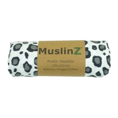 Image of MuslinZ Newborn Sensory Muslin squares in Black and White for Visual Stimulation Play. Baby Bamboo/Organic Cotton mix. (Leopard, 120x120cms)