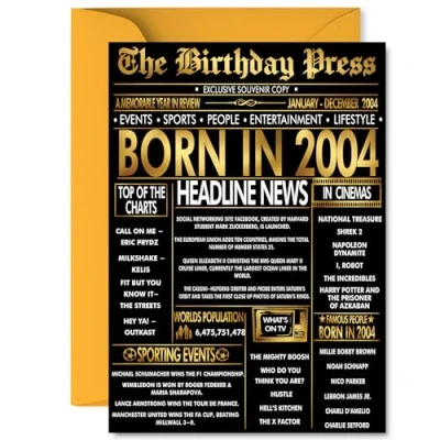 Image of Gold 21st Birthday Card for Men Women Black &amp; Golden Newspaper Born in 2004 Happy 21 Cards Uncle Sister Grandson Niece Cousin Brother, A5 Bday Greeting