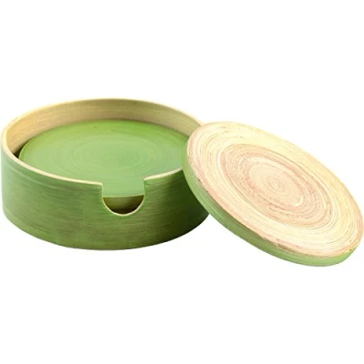 Image of Randwyck Round Spun Bamboo Coasters in Holder, Green, 4 Piece