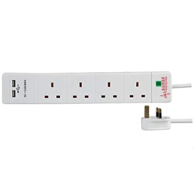 Image of Pro Elec PEL00099 4 Way 2 USB Surge Protected Extension Lead, 5 m, White