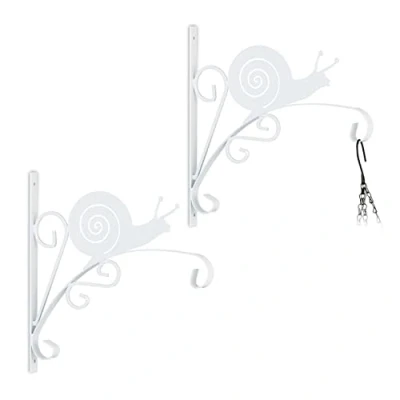 Image of Relaxdays Hanging Basket Brackets, Set of 2, Snail Design, Wall Mounted, 30 x 30.5 2 cm, Plant Hanger, Iron, White