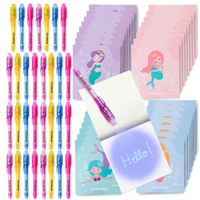 Image of BONNYCO Invisible Ink Pen and Notebook, Pack 32 Mermaid Party Bags Filler &amp; Pinata Toys Birthday Decorations Stocking Fillers for Kids School Prizes Gifts Children