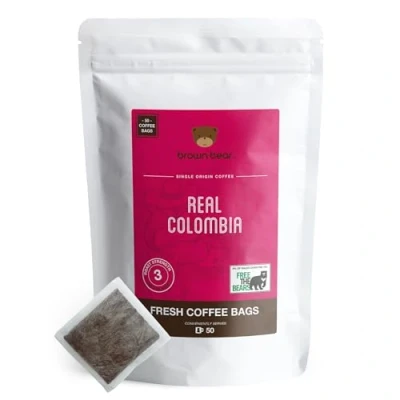 Image of Colombian Coffee Bags Pack of 50 Medium Roast Brown Bear Real Colombia Strength 3 Donation to Free The Bears Individual Arabica Ground Like Tea