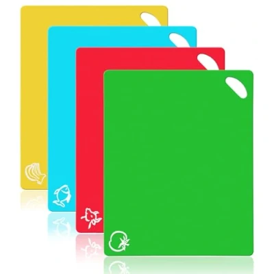 Image of Vicloon Plastic Chopping Board Set, 4Pcs Flexible Kitchen Cutting Mats with Food Icons, Non Slip Antimicrobial Easy Hanging Boards, Dishwasher Safety