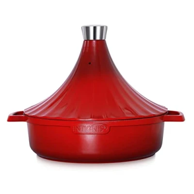 Image of INTIGNIS® Tagine Cooking Pot Oven Proof 28cm/4.1L Induction, GAS, Electric, Ceramic PFOA Free Non Stick German Engineering Traditional Moroccan Pan (Red)