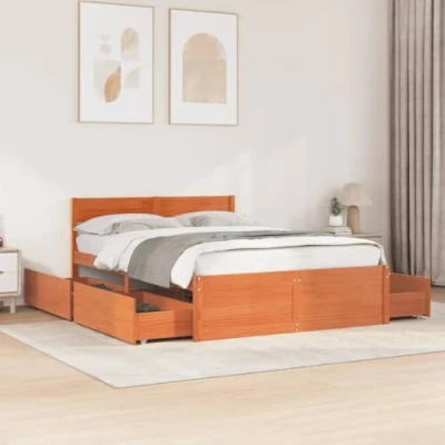 Image of vidaXL Bed Frame &amp; Drawers Wax Brown Solid Pine Wood, 120x190 cm Small Double, Plywood Slats, Stylish Headboard, Storage Function