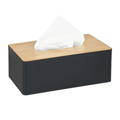 Image of Relaxdays Tissue Box with Bamboo Lid, Refillable, Bathroom, Modern Dispenser, Plastic, 10 x 26 14 cm, Black/Natural