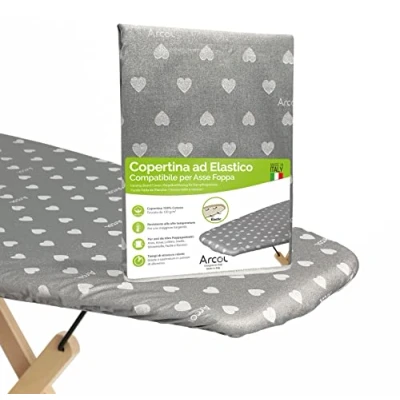 Image of ARCOL Compatible for Foppapedretti Ironing Board, Replacement Elastic Cover, Made in Italy, 100% Cotton Board Cover (Cover, Gray with White Hearts)