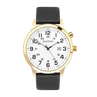 Image of Sekonda Easy Reader Mens 46mm Quartz Watch in White with Analogue Date Display, and Black Leather Strap 30127