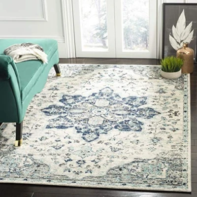 Image of SAFAVIEH Modern Chic Rug for Living Room, Dining Bedroom Madison Collection, Short Pile, in Ivory and Navy, 122 X 183 cm
