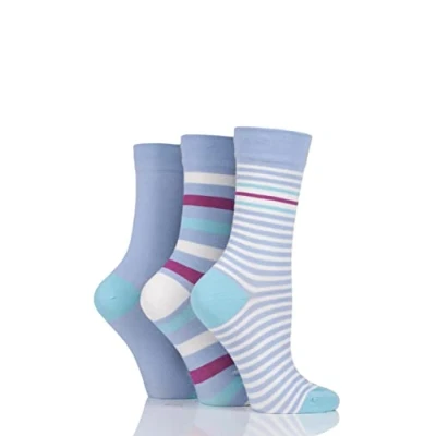 Image of Women&#039;s 3 Pair SOCKSHOP Gentle Bamboo Socks with Smooth Toe Seams in Plains and Stripes Cornflower 4 8