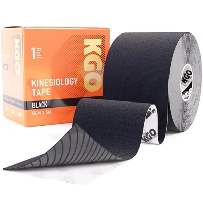 Image of KGO Kinesiology Tape Black, Sports Elastic for Muscle and Joint Support, Kinesio Tape, K Physio 5cm x 5m, Box of 1