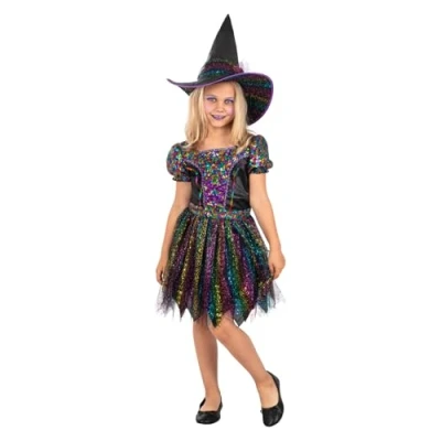 Image of Funidelia Glitter Witch Costumes for girl Wizards Halloween Horror Costume kids accessory fancy dress &amp; props carnival parties Size 7 9 years Black