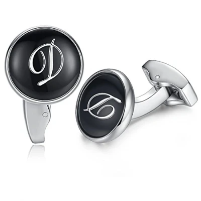 Image of HONEY BEAR Initial Alphabet Letter Cufflinks for Men, Black Round Shape Stainless Steel Wedding Business A Z (D)