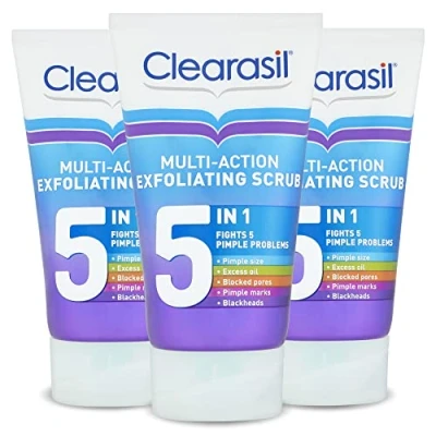 Image of Clearasil 5 in 1 Exfoliating Scrub, For Acne Prone Skin, Unclog Pores, Reduces Blackheads, Pimples and Excess Oil, Everyday Spots Prevention, Pack of 3, Total 450ml