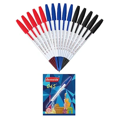 Image of Reynolds 045 PACK OF 15 Pens (POUCH) 5 BLUE. BLACK, RED Ball Point Pen Set With Comfortable Grip For Writing School and Office Stationery Students 0.7mm Tip Size