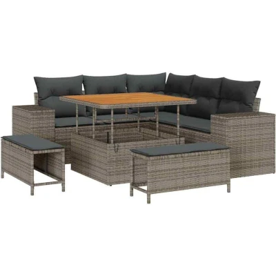 Image of vidaXL 8 Piece Garden Sofa Set with Cushions Grey Poly Rattan Acacia
