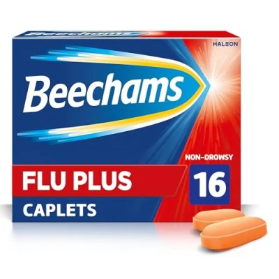 Image of Beechams Cold and Flu Caplets, Cough Medicine for Adults &amp; Headache Relief with Paracetamol, Plus 16 Count