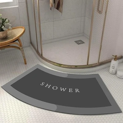 Image of EUPXRHY Quadrant Curved Bath Mat, Strong Absorbent Shower Rug, Soft and Comfy Corner Bathroom Washable Mat with Non Slip Bottom for Circular Shower,Grey,40x75CM
