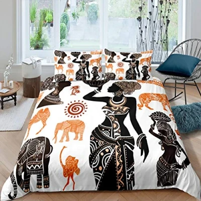 Image of Loussiesd African Woman Bedding Set Theme Elephant Tiger Duvet Cover For Girls Women Ethnic Afro Style Comforter Tribal Wild Animal Bedspread Bedroom Decor Quilt 3Pcs Double Size