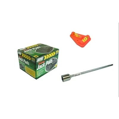 Image of ASC Caravan Jack Pad Corner Steady Support Pads (4), 19mm Winder Tool + Spirit Level
