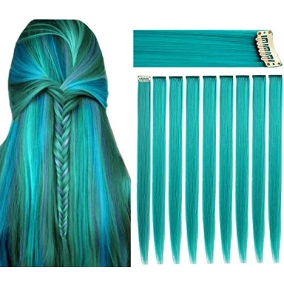 Image of LVSHANGMAO 9 Pcs Colored Hair Extensions 21 Inch Heat Resistant Straight Party Highlight Hairpieces Halloween Cosplay Christmas New Year Accessories Gift(Teal)