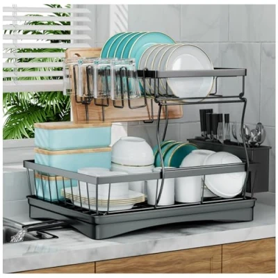 Image of 7 code Large Dish Drying Rack for Kitchen Counter,Detachable Capacity Drainer Organizer with Utensil Holder,2 Tier Drain Board,Black