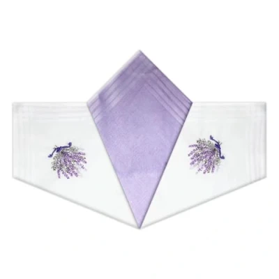 Image of Warwick &amp; Vance Pack Of 3 Womens/Ladies Lavender Design Handkerchiefs With Satin Stripe Borders, 100% Cotton, 29 x 29cm