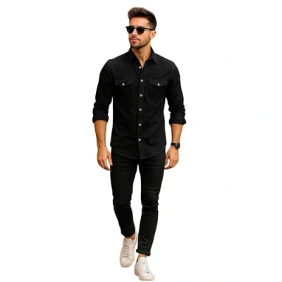 Image of True Face Mens Denim Shirt 100% Cotton Multi Pocket Long Sleeve Casual Collared Button Down Washed Effect Shirts Top Black L