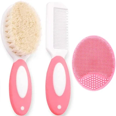 Image of Baby Hair Brush and Comb Set for Newborns &amp; Toddlers Natural Soft Goat Bristles with Silicone Cradle Cap Ideal Perfect Registry Gift (Pink)