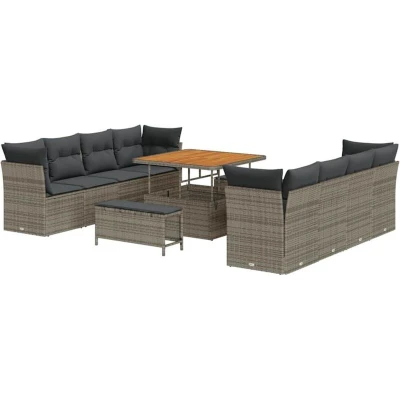 Image of vidaXL 11 Piece Garden Sofa Set with Cushions Grey Poly Rattan Acacia