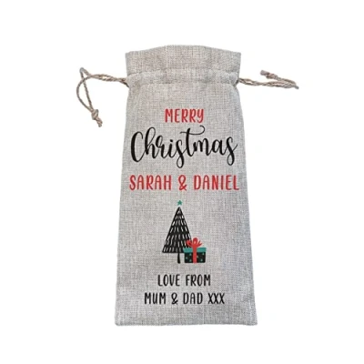 Image of Drifting Ducks Personalised Merry Christmas Burlap Style Wine Bottle Bag Gift