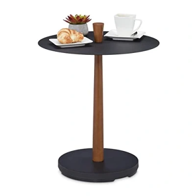 Image of Relaxdays Small Coffee Table, Round Storage Sidetable for Home, HxW: 56 x 45 cm, Metal &amp; Wood, Industrial Design, Black