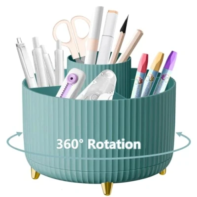 Image of Desk Organiser, 360Rotating Pen Holder Pot, Makeup Brush with 5 Compartments, Desktop Storage Stationery Supplies Organizer, Pencil Holders for Tidy Home, School, Office (Blue)