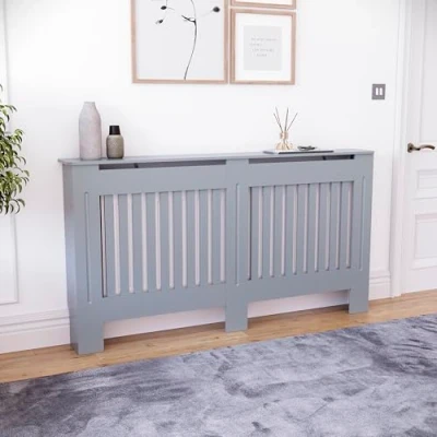 Image of Vida Designs Chelsea Large Dark Grey Radiator Cover Modern Slatted Heating Cabinet, Easy DIY Fit, Ideal for Living Room, Hallway or Bathroom