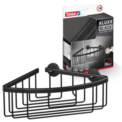 Image of tesa ALUXX Black Wall Mounted Corner Shower Basket, Matt Suits industrial style and modern bathrooms Drill free, with self adhesive solution 192 mm x 92 200