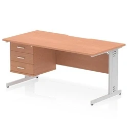 Image of Impulse 1600 x 800mm Scalloped Edge Office Desk Beech Top Silver Cable Managed Leg Workstation 1 3 Drawer Fixed Pedestal